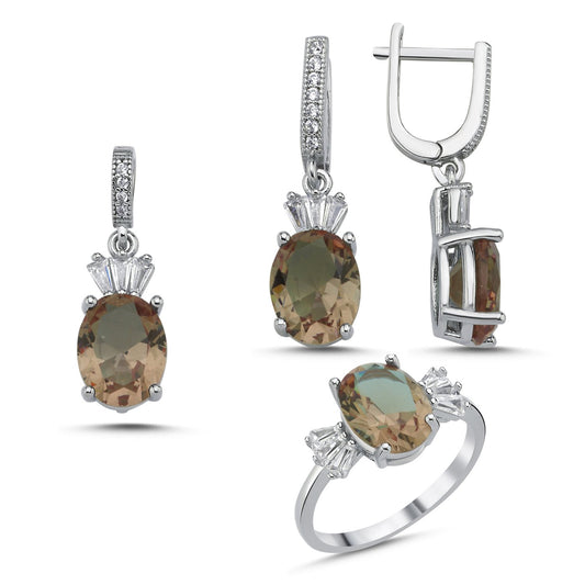 Damen Schmuckset Zultanit oval Baguette & 925 Silber – Halskette, Ahänger , Ohrringe & Ring