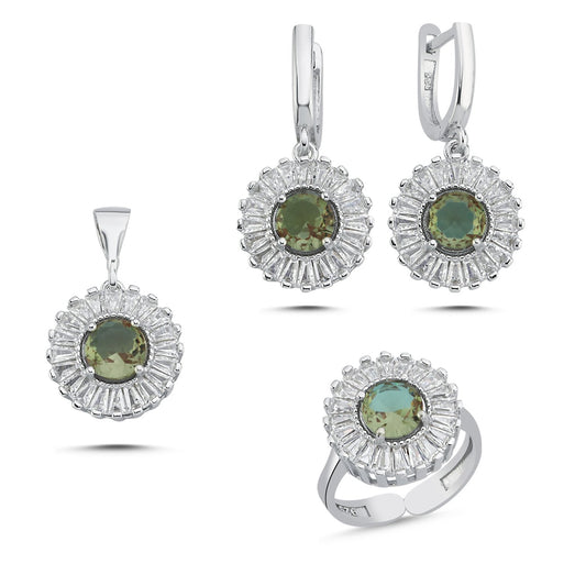Damen Schmuckset Zultanit Rund Baguette CZ Einstellbar & 925 Silber – Halskette, Ahänger , Ohrringe & Ring