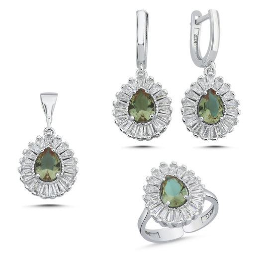 Damen Schmuckset Zultanit Teardrop Baguette CZ Einstellbar & 925 Silber – Halskette, Ahänger , Ohrringe & Ring