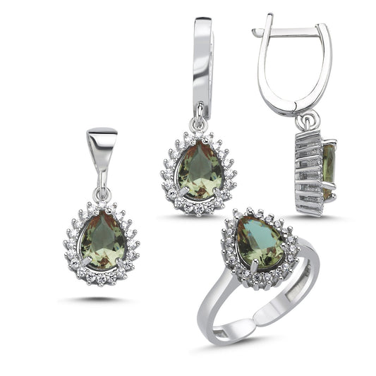 Damen Schmuckset Zultanit Tropfen Drop Cutting verstellbarer Halo Set & 925 Silber