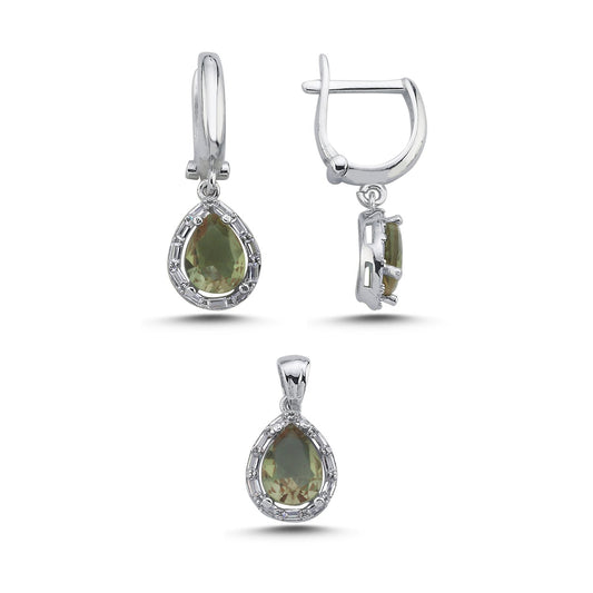 Zultanit Stein 925 Silber Schmuck Baguette Tropfen Sultanit Set Kette, Anhänger, Ohrclips Ohrringe