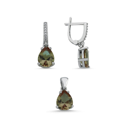Zultanit Stein 925 Silber Schmuck Tropfen CZ Sultanit Set Kette, Anhänger, Ohrclips Ohrringe