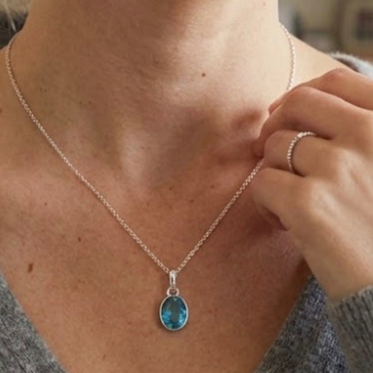 Aquamarin Halskette 925 Sterling Silber Blau Oval