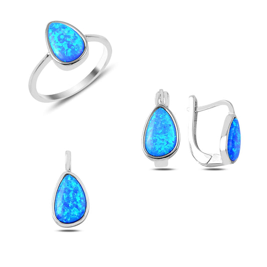 Damen Schmuckset mit Blauem Opal & 925 Sterling Silber – Halskette, Ahänger , Ohrringe & Ring
