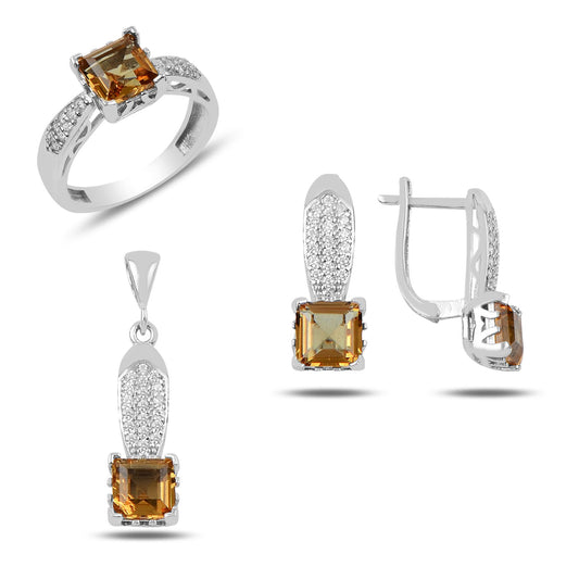 Damen Schmuckset Zultanit quadrat Baguette & CZ  & 925 Silber – Halskette, Ahänger , Ohrringe & Ring