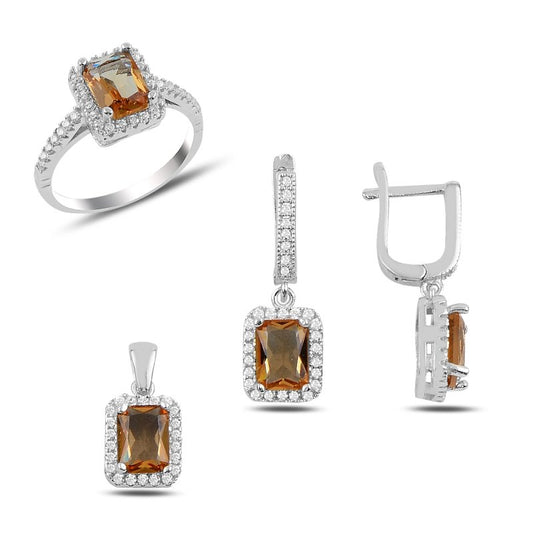 Damen Schmuckset Zultanit Baguette & CZ  & 925 Silber – Halskette, Ahänger , Ohrringe & Ring