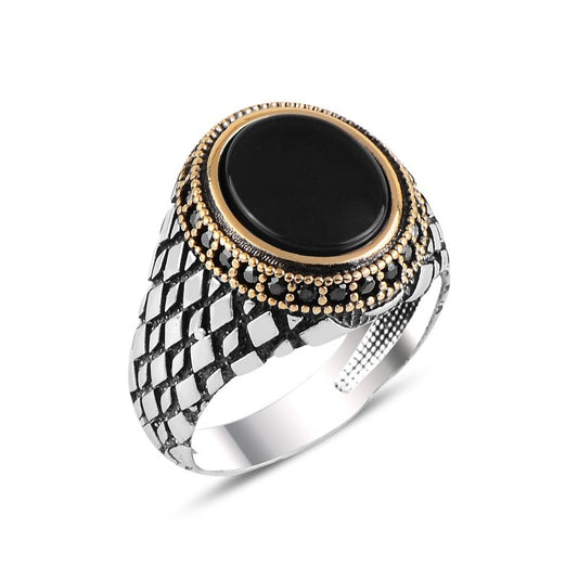 Herrenring 925 Silber mit Onyx Stein & Zirkonia - Silberring Herren Ring