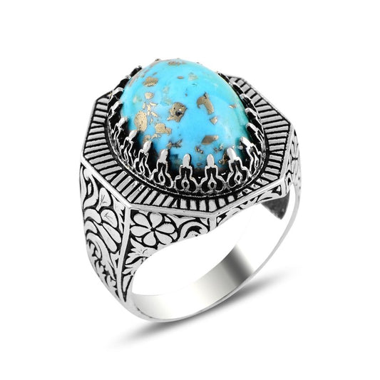 Herrenring 925 Silber mit Blauer Kupfer- Türkis natürllicher Edelstein Herren Ring