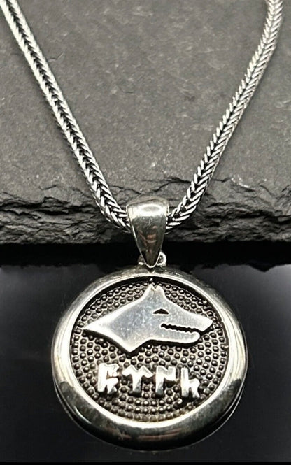 925 Silber Bozkurt Wolf Anhänger mit Kette - Göktürkisch Türk Schriftzug Göktürk