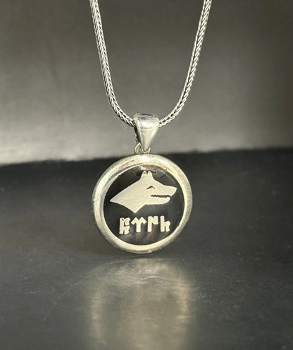 925 Silber Bozkurt Wolf Anhänger mit Kette - Göktürkisch Türk Schriftzug Göktürk