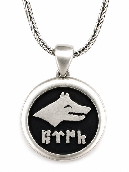 925 Silber Bozkurt Wolf Anhänger mit Kette - Göktürkisch Türk Schriftzug Göktürk