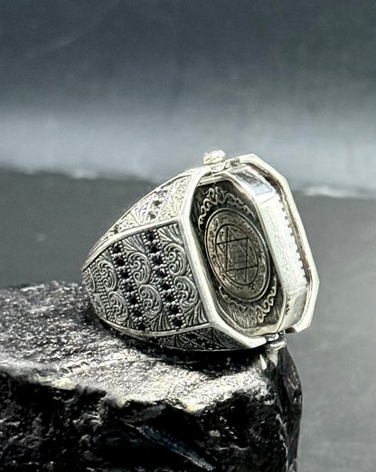 Herrenring 925 Sterling Silber mit Doppelseitiges Design Siegel des Salomons Hz. Süleyman & Ay Yildiz