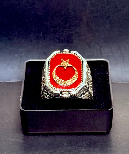 Herrenring 925 Sterling Silber mit Doppelseitiges Design Siegel des Salomons Hz. Süleyman & Ay Yildiz