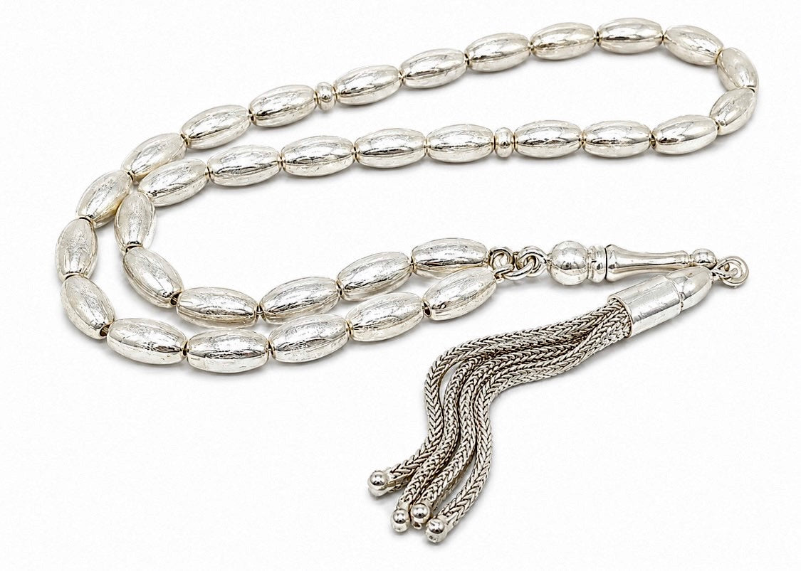 Tesbih aus 925er Silber - Gebetskette Gersteform mit 4 Ketten Quaste Hochglanzpoliert
