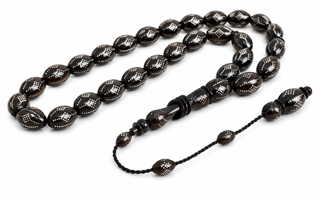 Edle Kuka Tesbih Gebetskette (33 Perlen) – Silber-bestickt, 14mm Gerstenform / 41 cm