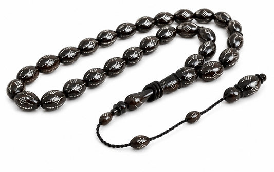 Edle Kuka Tesbih Gebetskette (33 Perlen) – Silber-bestickt, 14mm Gerstenform / 41 cm
