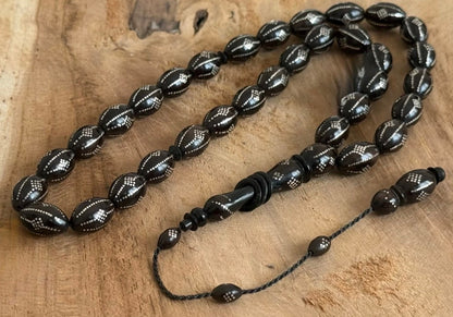 Edle Kuka Tesbih Gebetskette (33 Perlen) – Silber-bestickt, 14mm Gerstenform / 41 cm