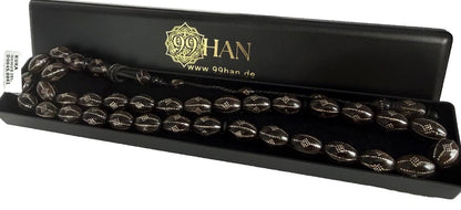 Edle Kuka Tesbih Gebetskette (33 Perlen) – Silber-bestickt, 14mm Gerstenform / 41 cm