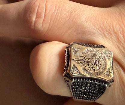 Massiver 925 Silber Siegelring Herrenring – Ayetel Kürsi Gravur mit Zirkonia