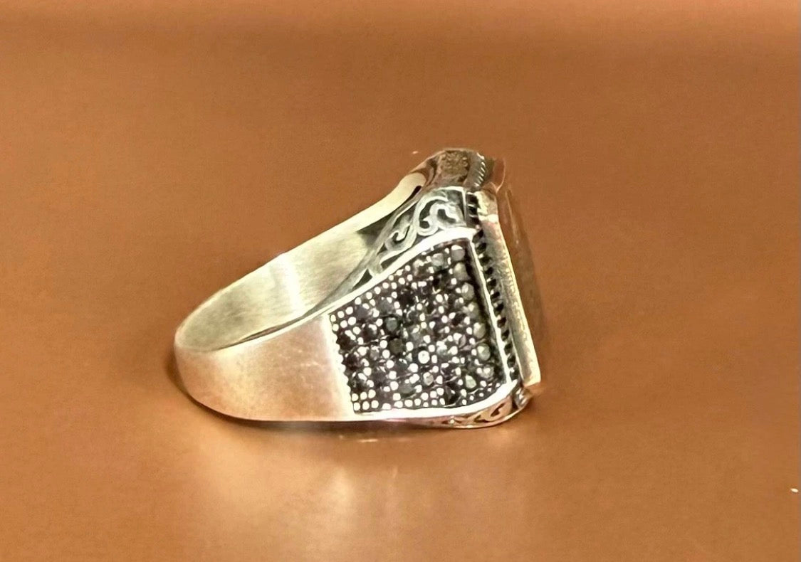 Massiver 925 Silber Siegelring Herrenring – Ayetel Kürsi Gravur mit Zirkonia