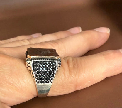 Massiver 925 Silber Siegelring Herrenring – Ayetel Kürsi Gravur mit Zirkonia