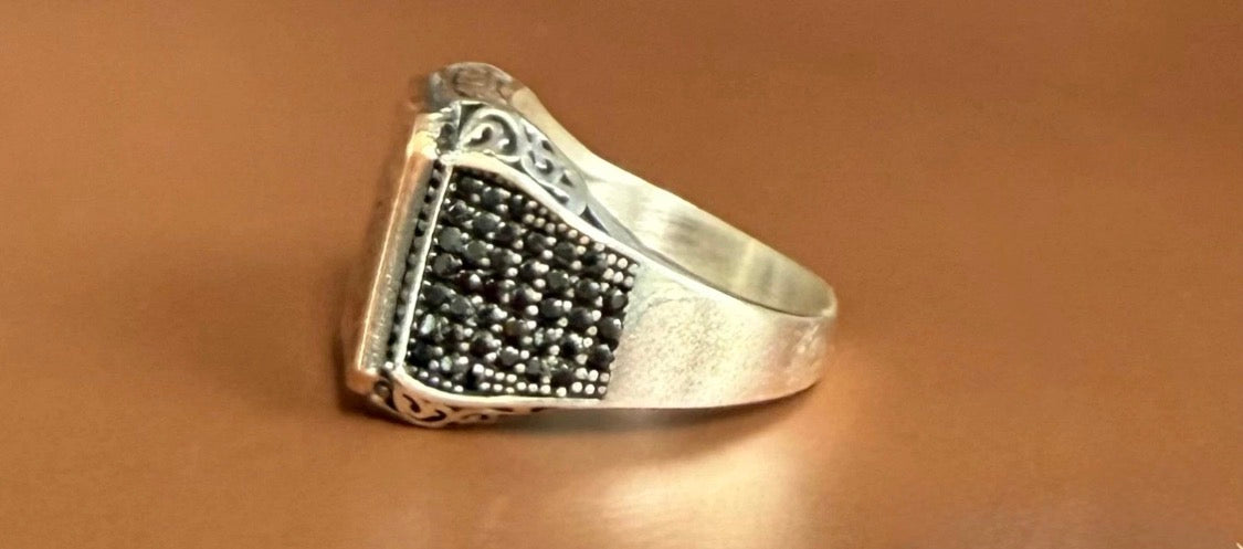 Massiver 925 Silber Siegelring Herrenring – Ayetel Kürsi Gravur mit Zirkonia