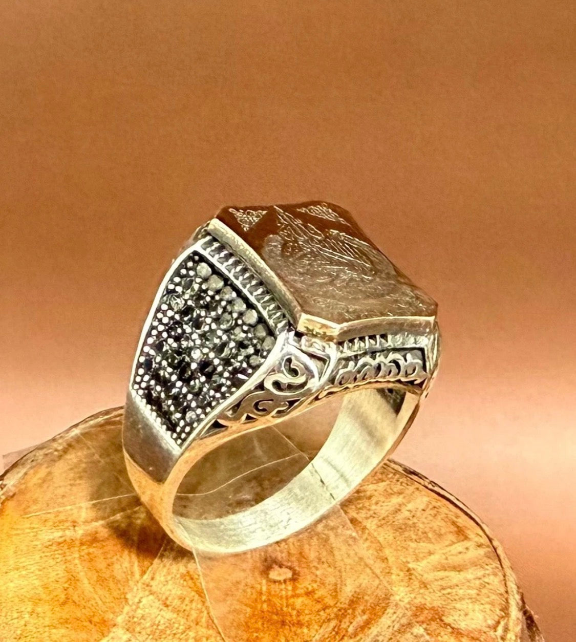Massiver 925 Silber Siegelring Herrenring – Ayetel Kürsi Gravur mit Zirkonia