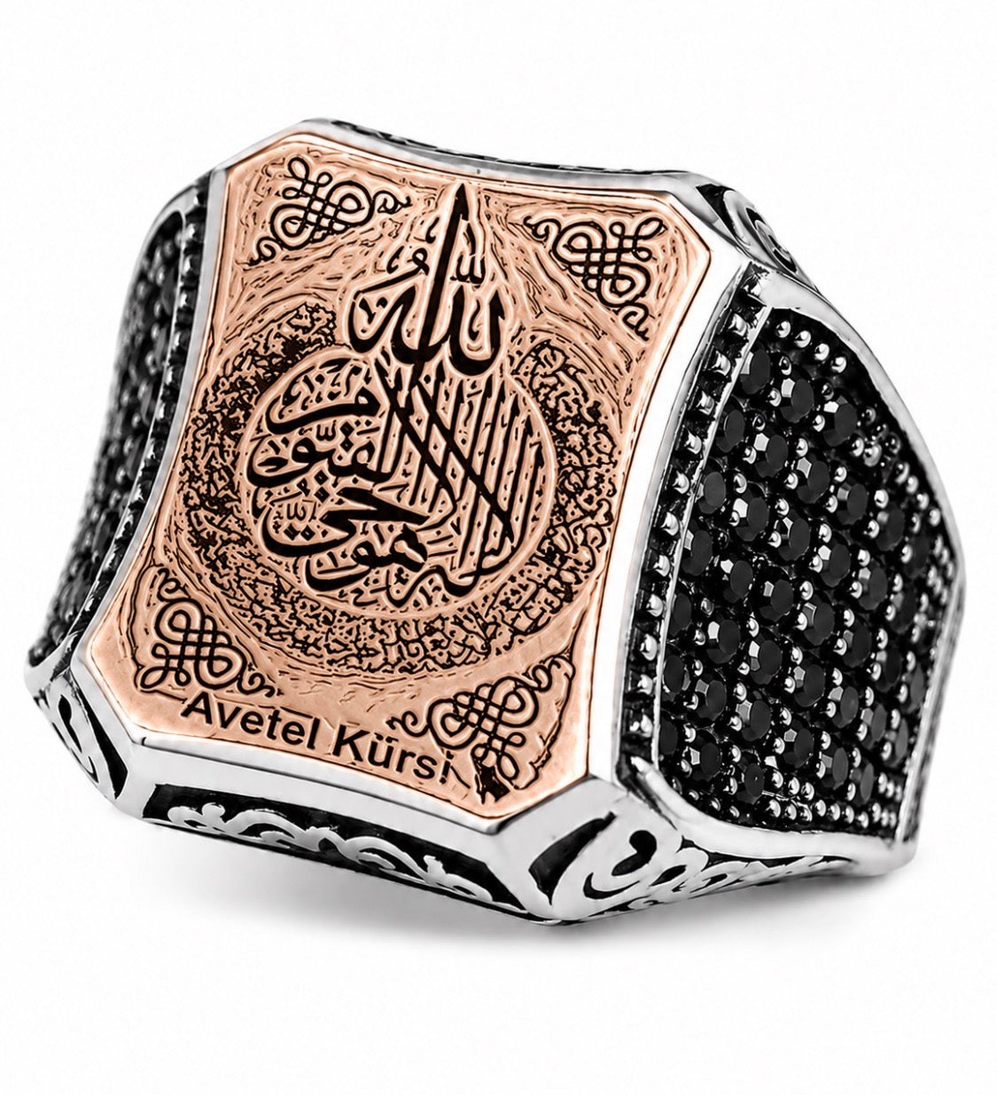 Massiver 925 Silber Siegelring Herrenring – Ayetel Kürsi Gravur mit Zirkonia