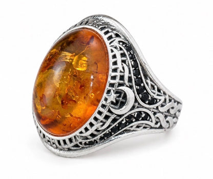 925 Silber Siegelring Herrenring mit Echte Bernstein
