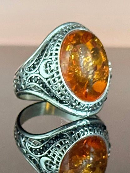 925 Silber Siegelring Herrenring mit Echte Bernstein
