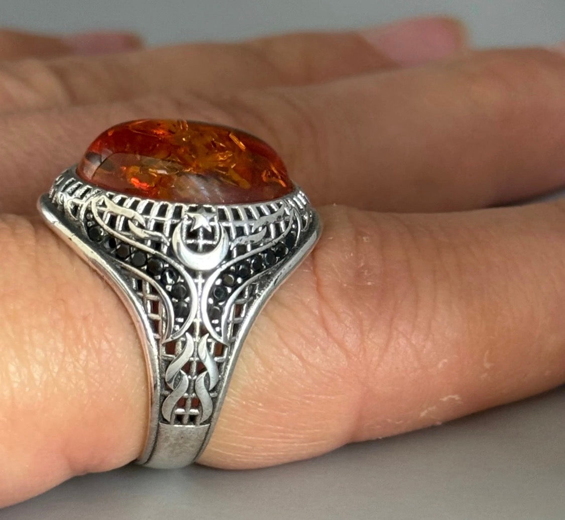 925 Silber Siegelring Herrenring mit Echte Bernstein