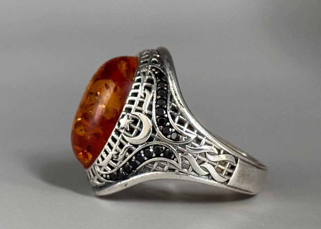 925 Silber Siegelring Herrenring mit Echte Bernstein