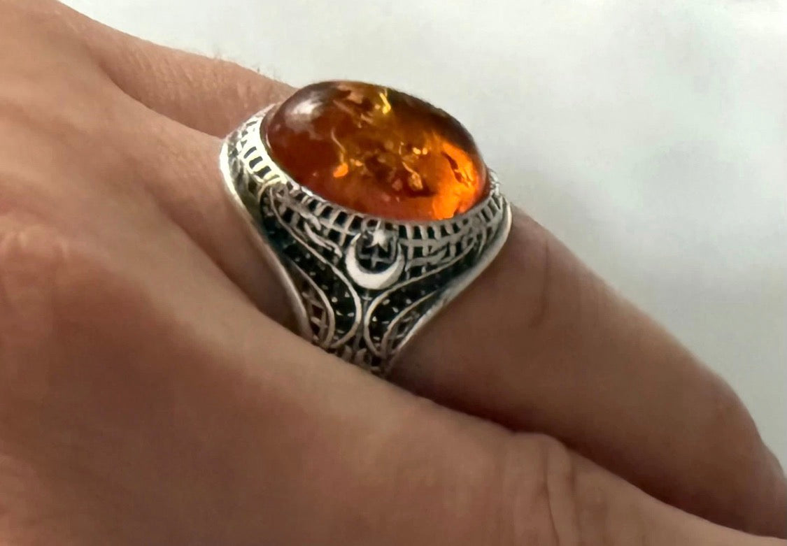 925 Silber Siegelring Herrenring mit Echte Bernstein