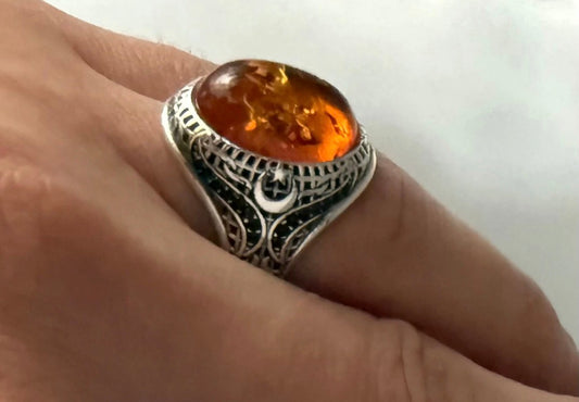 925 Silber Siegelring Herrenring mit Echte Bernstein