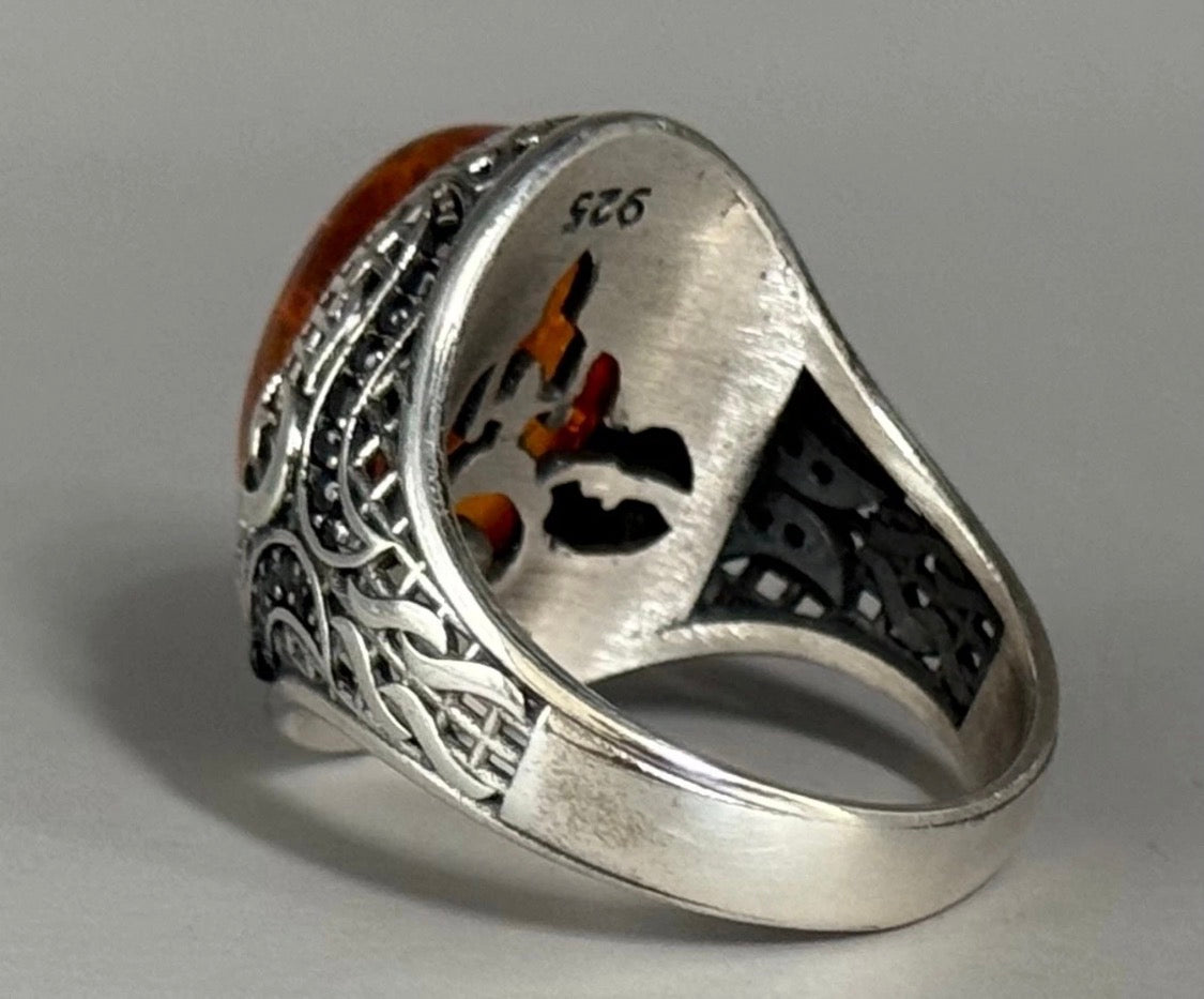 925 Silber Siegelring Herrenring mit Echte Bernstein