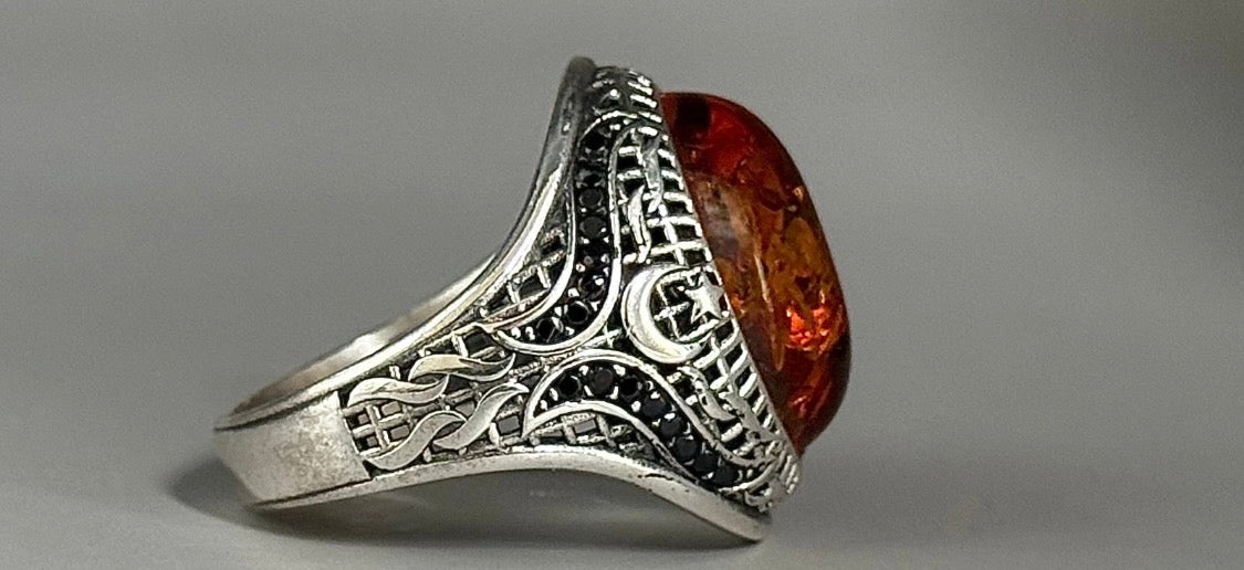 925 Silber Siegelring Herrenring mit Echte Bernstein