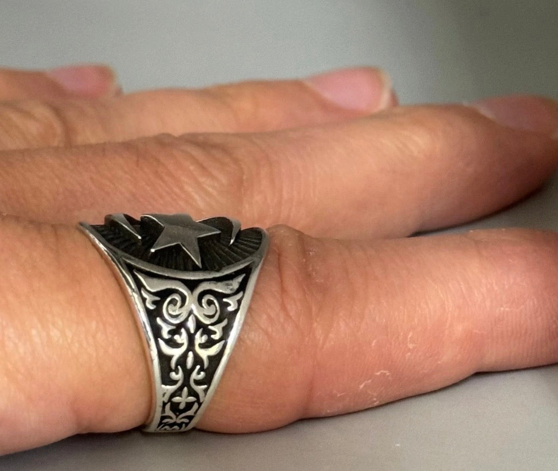 925 Silber Herrenring Ay Yildiz – Osmanischer Stil mit Halbmond & Stern