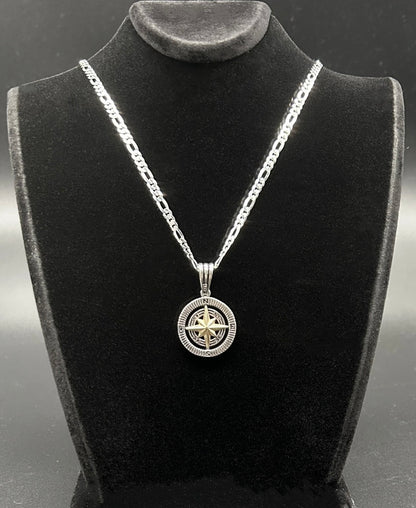 Kompass Anhänger mit Figarokette - 925er Silber Herren-Halskette
