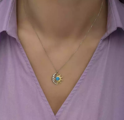 Opal Anhänger mit Kette – 925 Sterling Silber Mond und Sonne Design in Blau