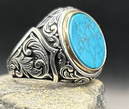 Herrenring mit Türkis Stein – 925 Sterling Silber mit Gravur