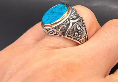 Herrenring mit Türkis Stein – 925 Sterling Silber mit Gravur