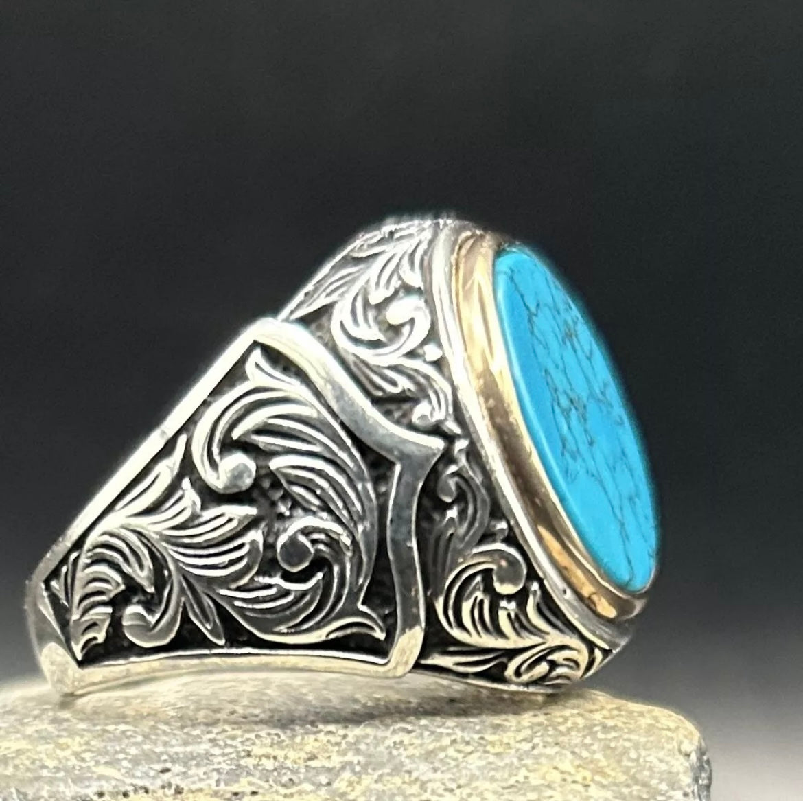 Herrenring mit Türkis Stein – 925 Sterling Silber mit Gravur
