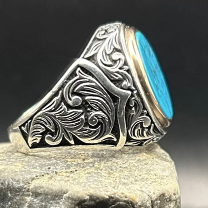 Herrenring mit Türkis Stein – 925 Sterling Silber mit Gravur