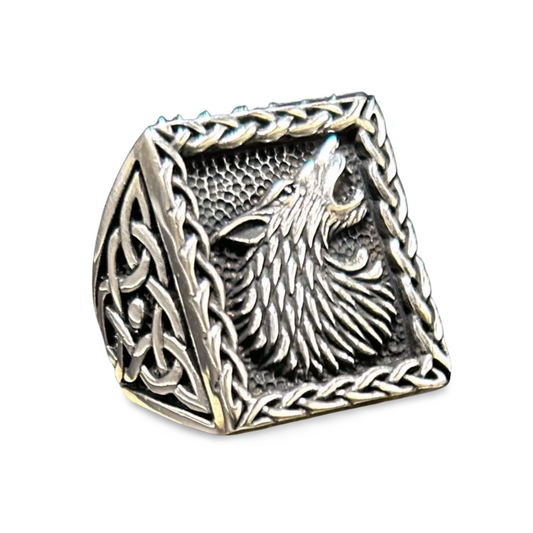 Wolfsring Herrenring aus 925 Sterling Silber | Wolfskopf mit Knoten-Design Wolf