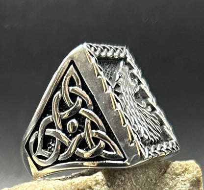 Wolfsring Herrenring aus 925 Sterling Silber | Wolfskopf mit Knoten-Design Wolf