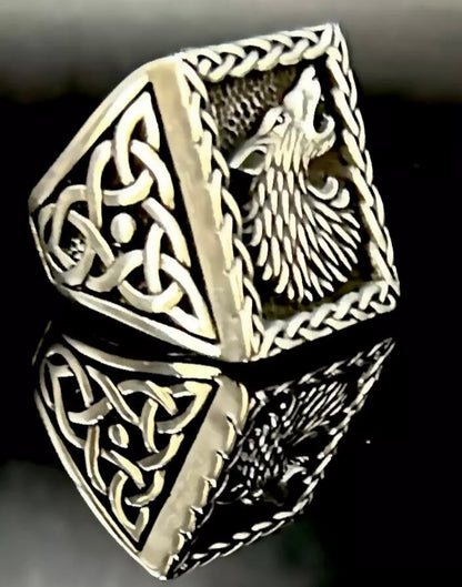 Wolfsring Herrenring aus 925 Sterling Silber | Wolfskopf mit Knoten-Design Wolf