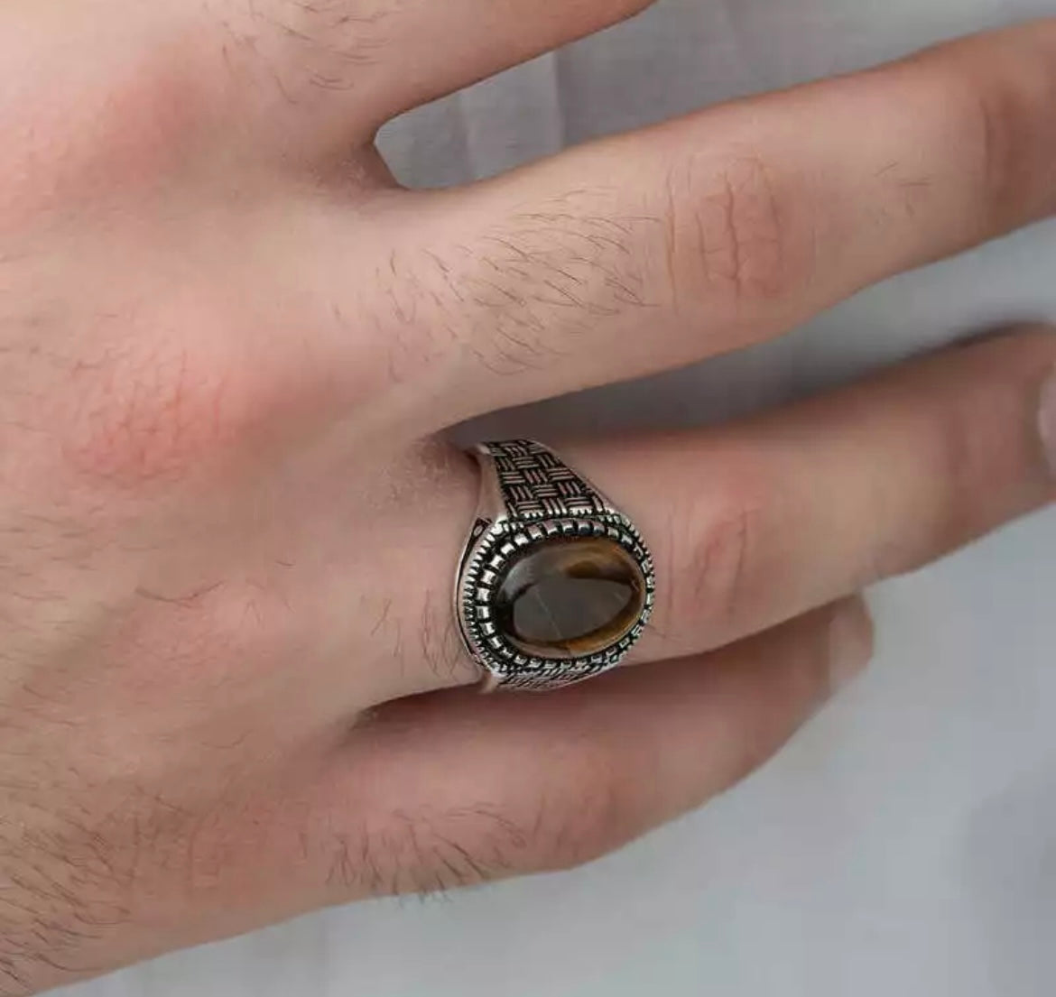 Herrenring 925 Sterling Silber mit Tigerauge – Ovaler Massiver Siegelring