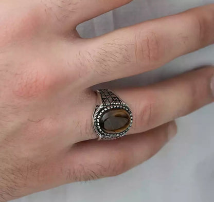 Herrenring 925 Sterling Silber mit Tigerauge – Ovaler Massiver Siegelring