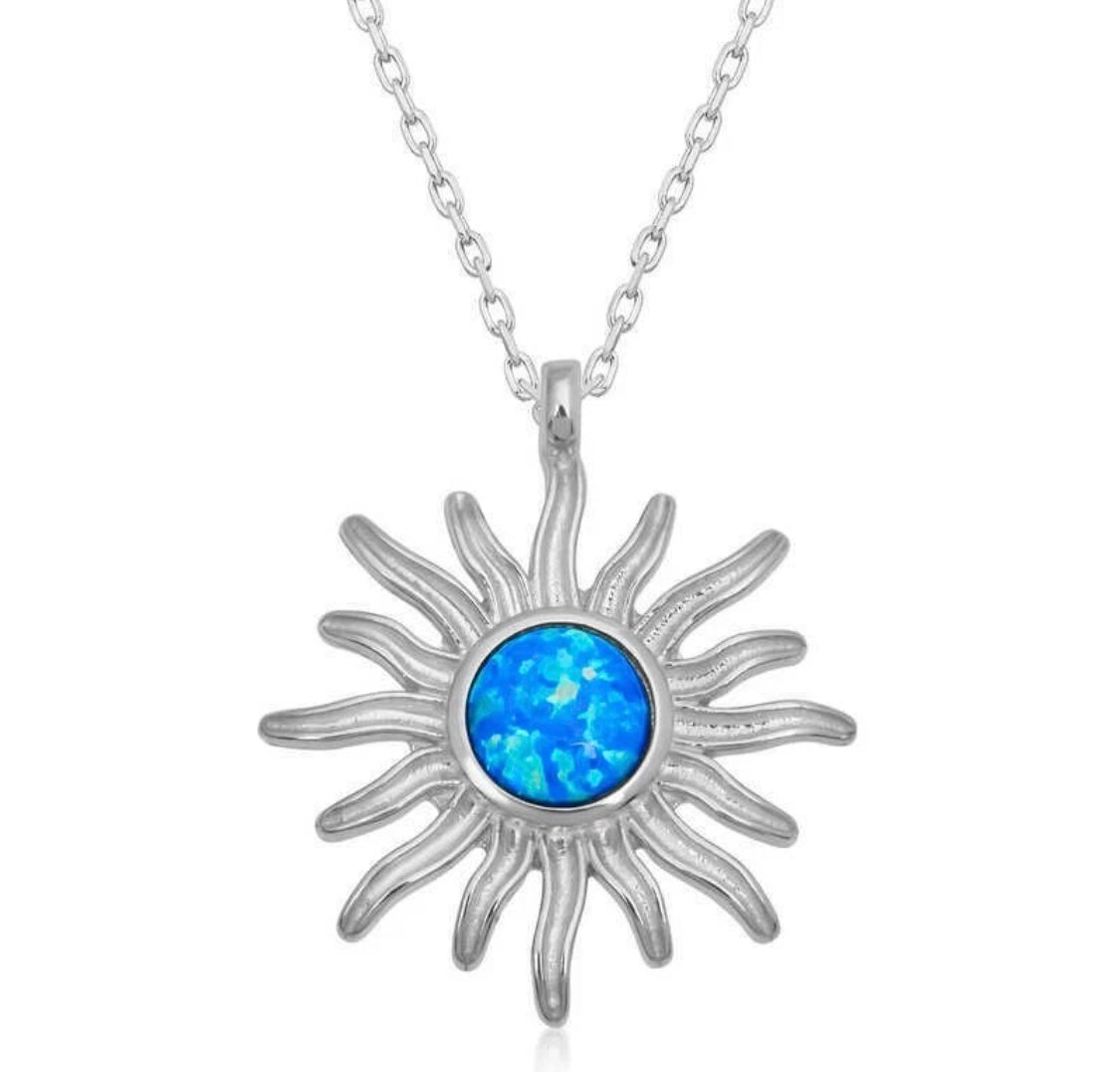 Opal & 925 Sterlingsilber Opalschmuck Anhänger Sonne Blau Rhodiniert Damen Kette