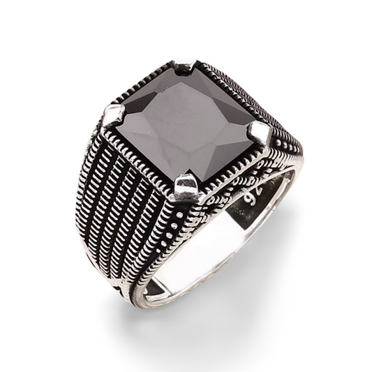 Herrenring 925 Sterling Silber mit schwarzem Zirkonia – Siegelring mit Gittermuster